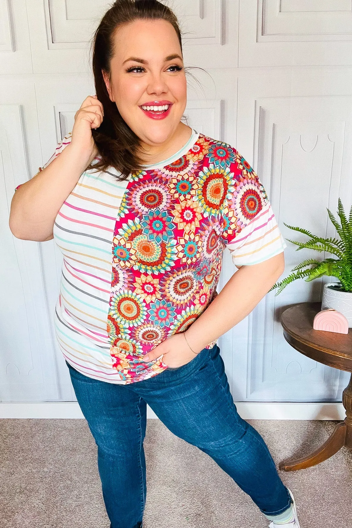 Always Fun Ivory & Fuchsia Stripe and Crochet Print Top