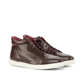 Ambrogio Bespoke Custom Men's Shoes Burgundy & Dark Brown Exotic Snake-Skin High-Top Sneakers (AMB1934)