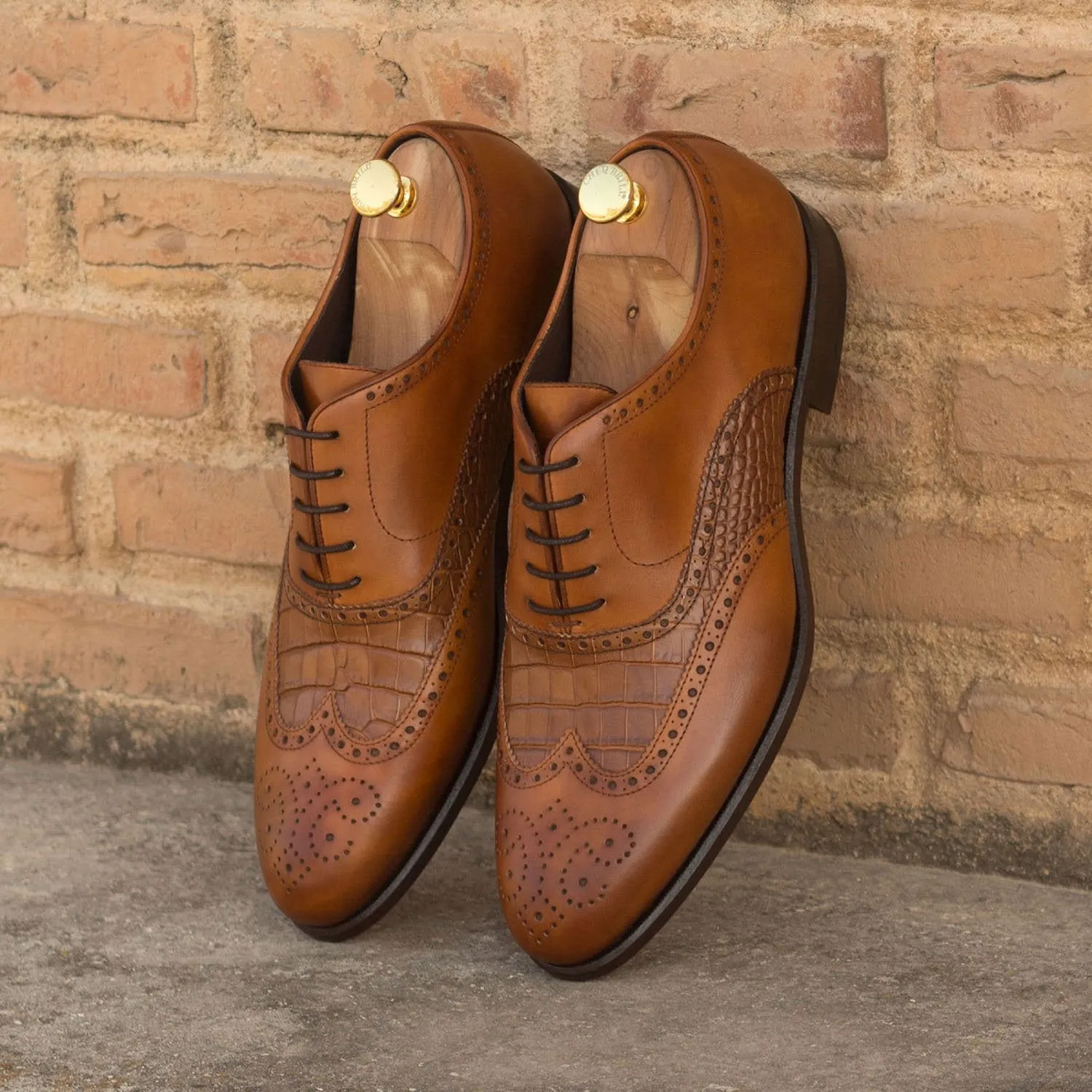 Ambrogio Bespoke Custom Men's Shoes Cognac & Dark Brown Crocodile Print / Calf-Skin Leather Wingtip Oxfords (AMB1929)