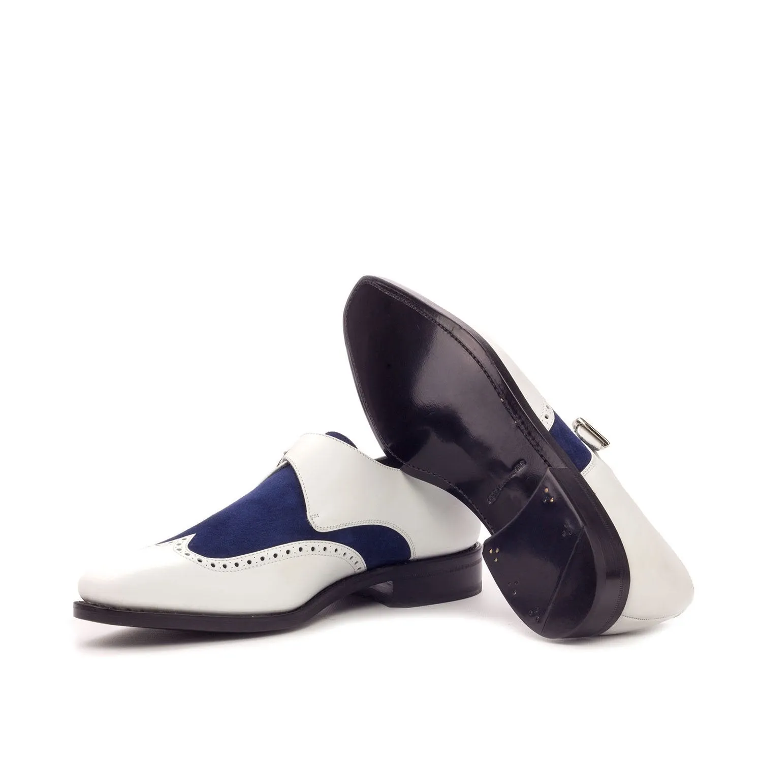 Ambrogio Bespoke Custom Men's Shoes White & Navy Suede / Calf-Skin Leather Monk-Strap Loafers (AMB2004)