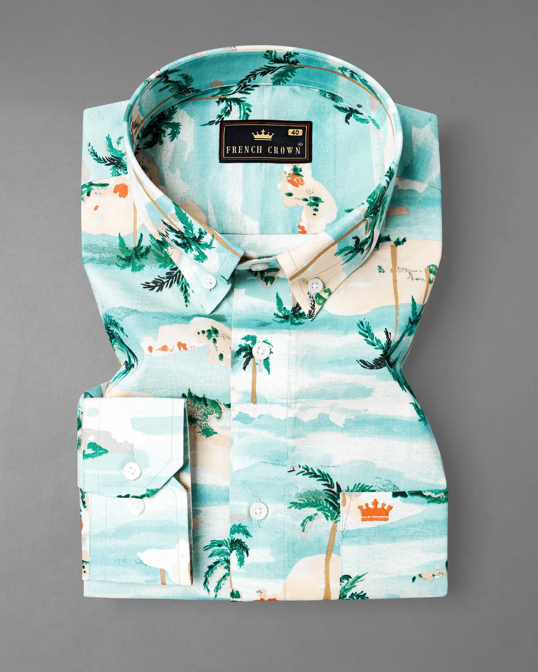 Aqua Island Sea Blue and Limed Spruce Green Tropical Printed Premium Cotton Shirt