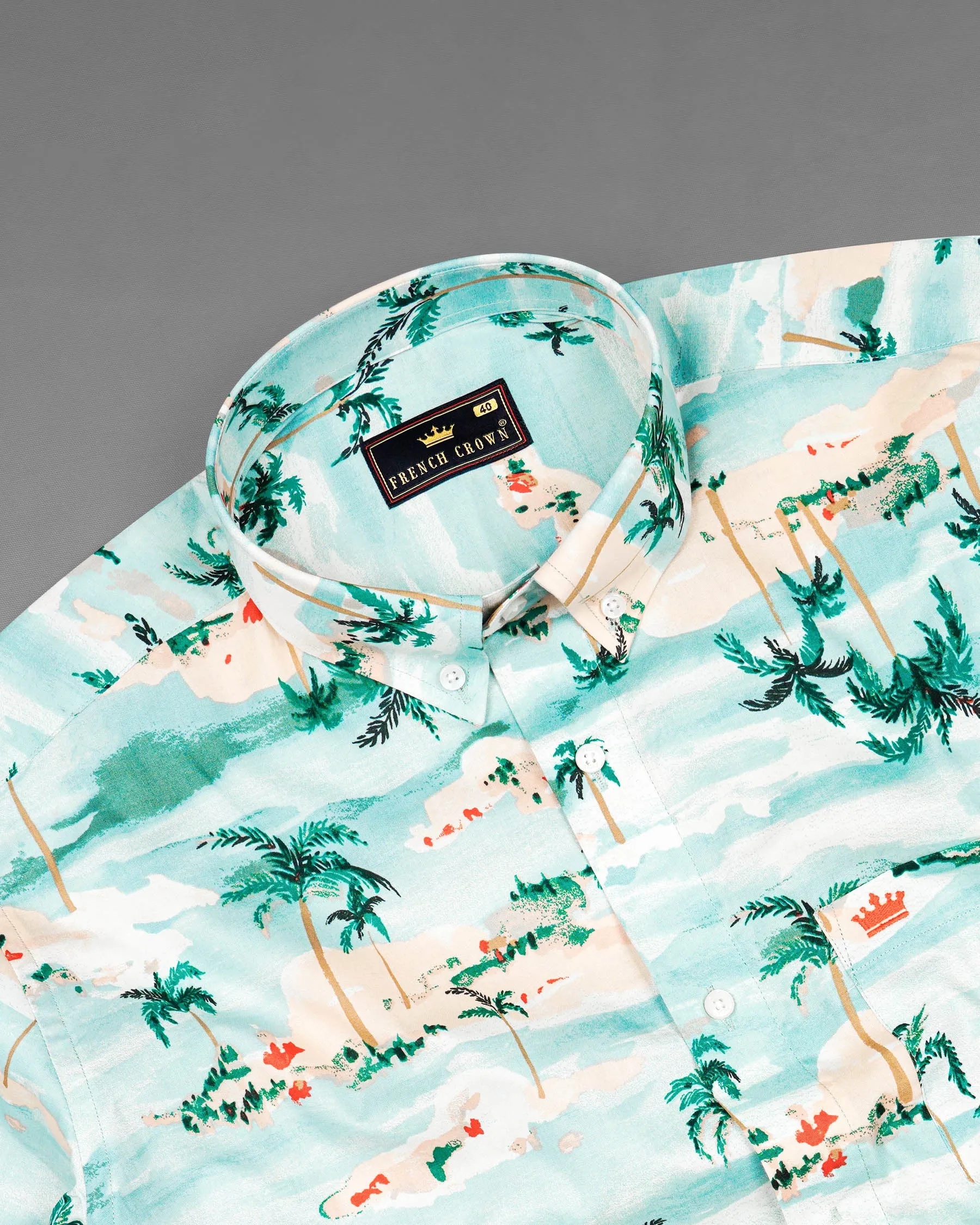 Aqua Island Sea Blue and Limed Spruce Green Tropical Printed Premium Cotton Shirt