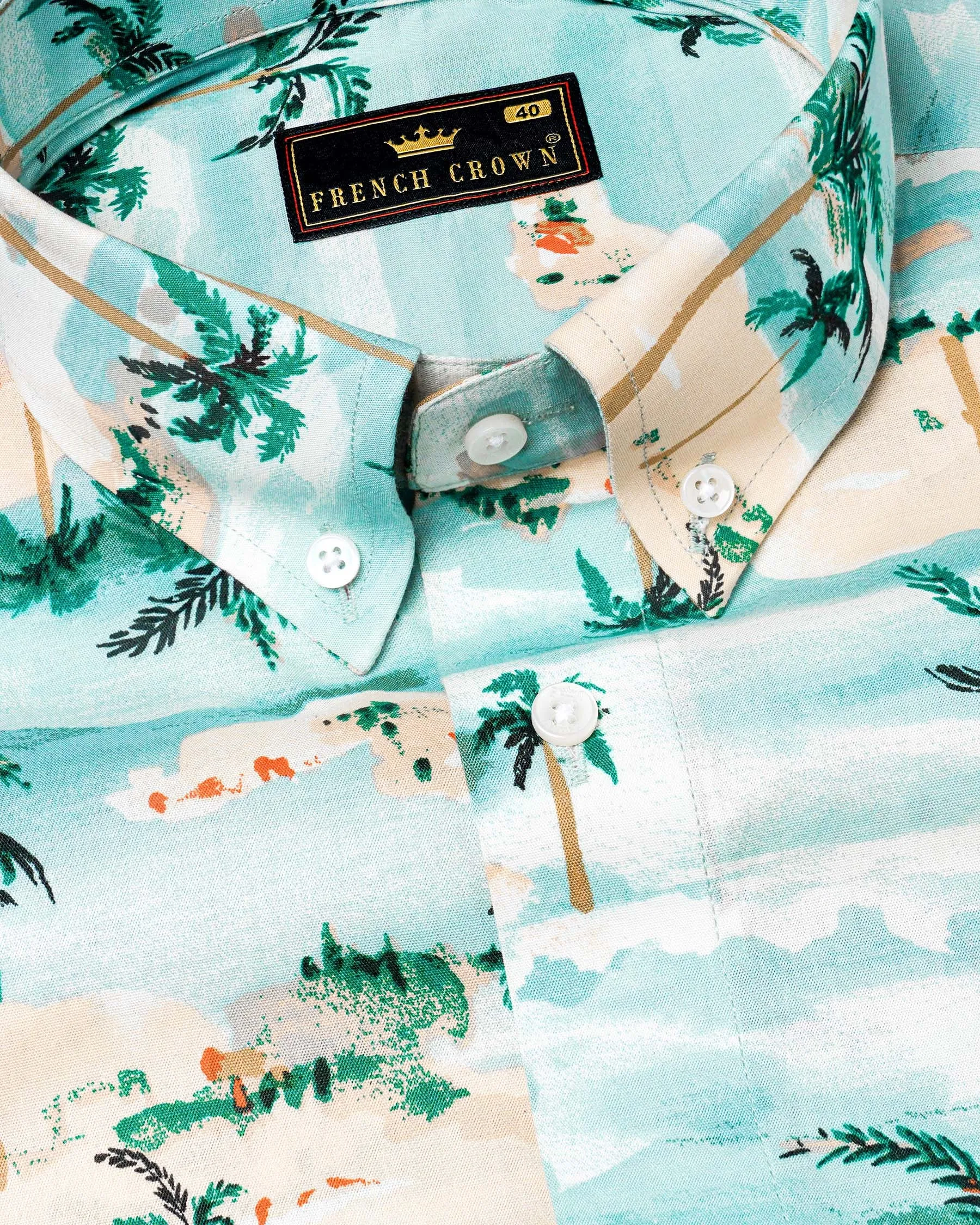 Aqua Island Sea Blue and Limed Spruce Green Tropical Printed Premium Cotton Shirt