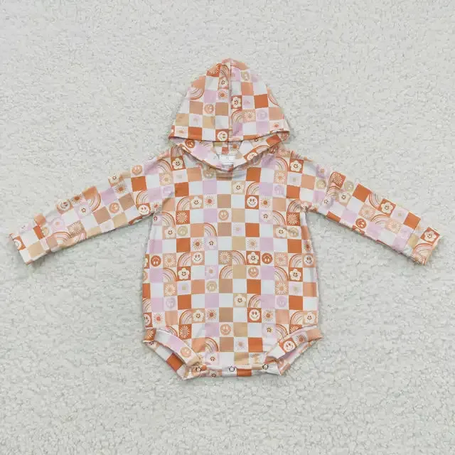 Baby Hooded Romper - Rainbow Happy Checkered Layette Girls