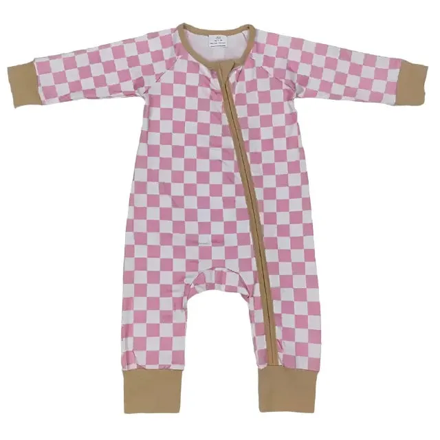 Baby Romper - Girls - Zip - Pink Tan Checkerboard Layette