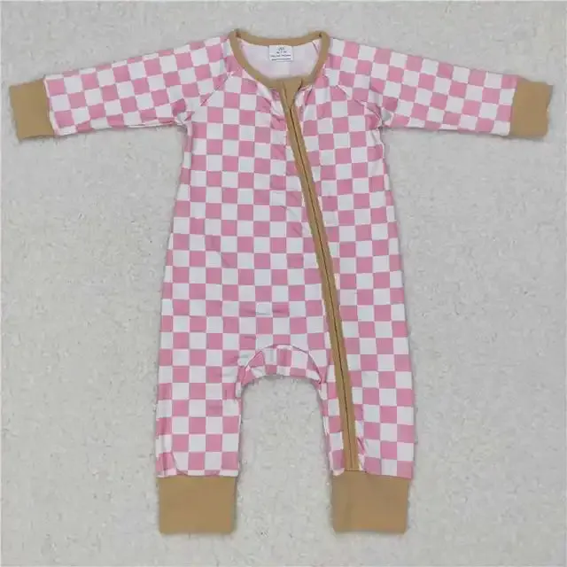 Baby Romper - Girls - Zip - Pink Tan Checkerboard Layette