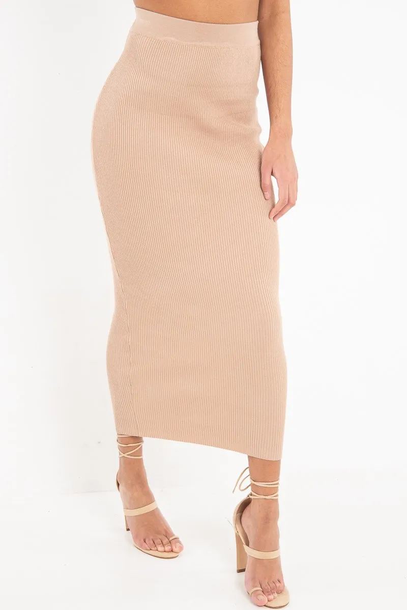 Beige Rib Knitted Midi Skirt - Kloey