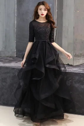 Black round neck tulle lace long prom dress, black formal dress