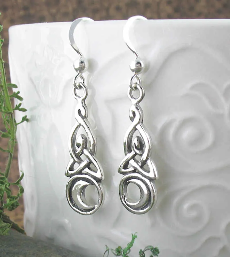 Celtic Triquetra Knot With Crescent Moon Drop Earrings