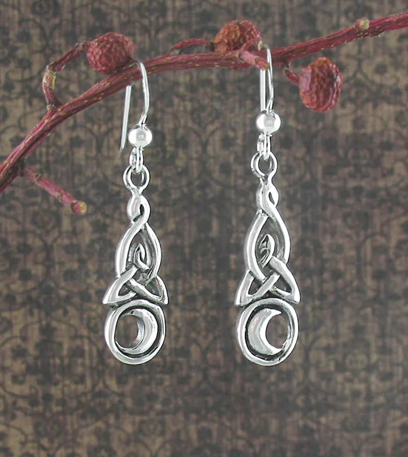 Celtic Triquetra Knot With Crescent Moon Drop Earrings