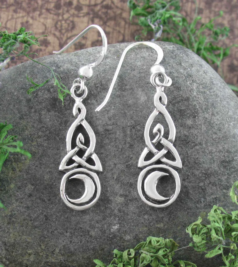 Celtic Triquetra Knot With Crescent Moon Drop Earrings