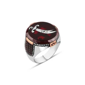 Circle Red Agate Stone with Ali Sword Silver Men's Ring Siding Zircons in Epaulet Shape