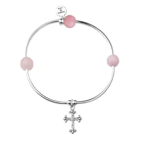 Cross | Soft Bangle Charm Bracelet | Rose Quartz