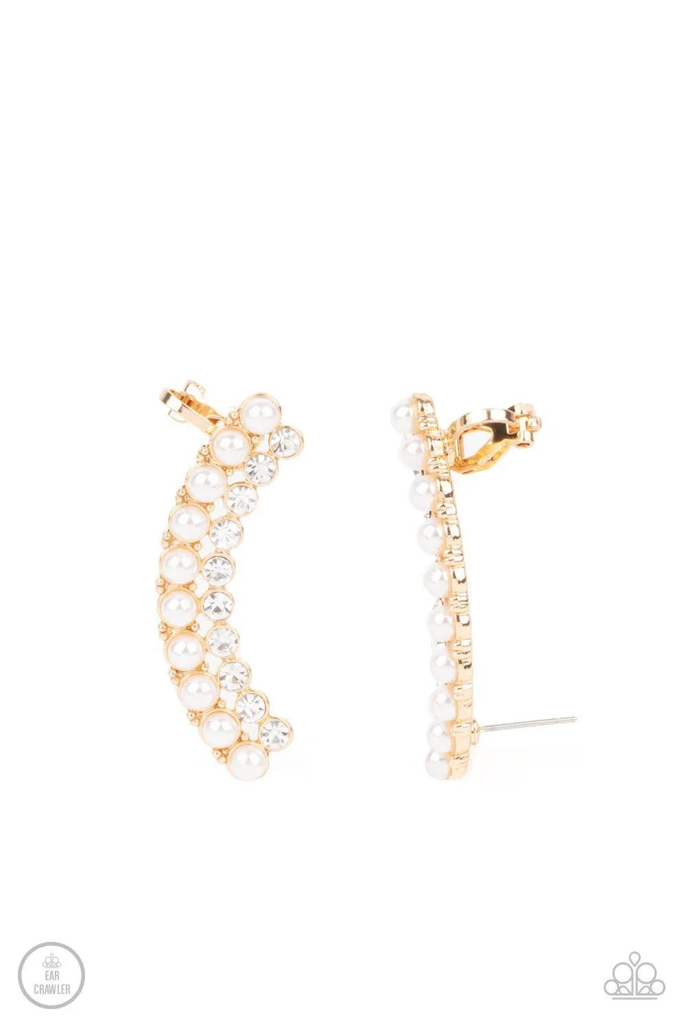 Doubled Down On Dazzle Gold and White Pearl Ear Crawler Earrings - Paparazzi Accessories