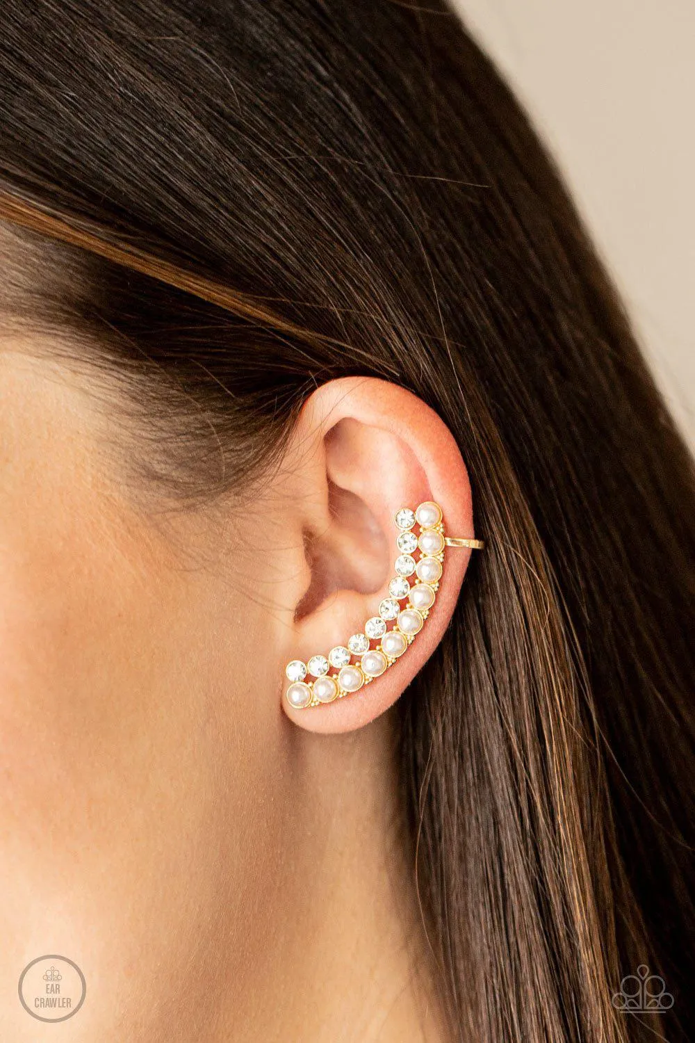 Doubled Down On Dazzle Gold and White Pearl Ear Crawler Earrings - Paparazzi Accessories