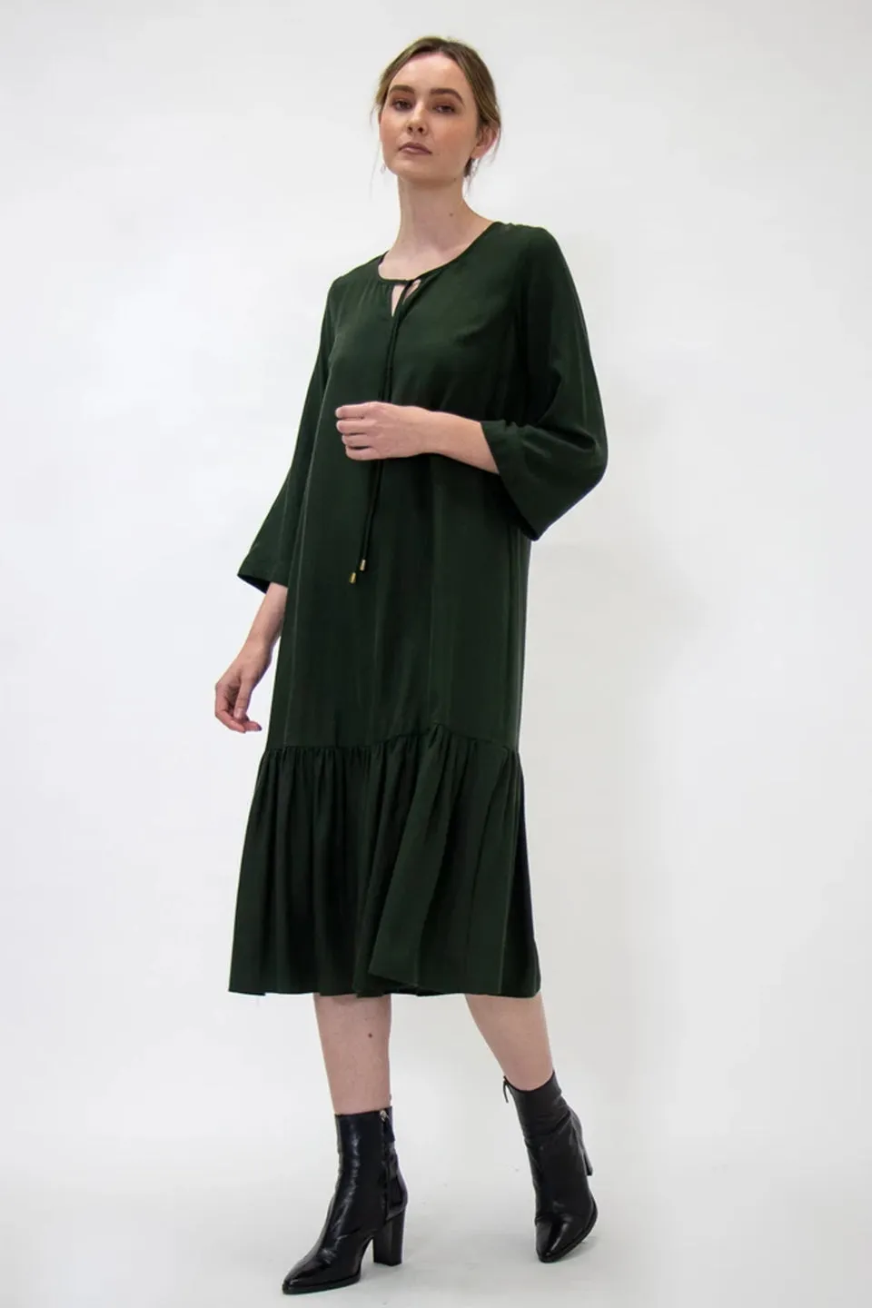 Emily LS Tiered Tencel Khaki Midi Dress