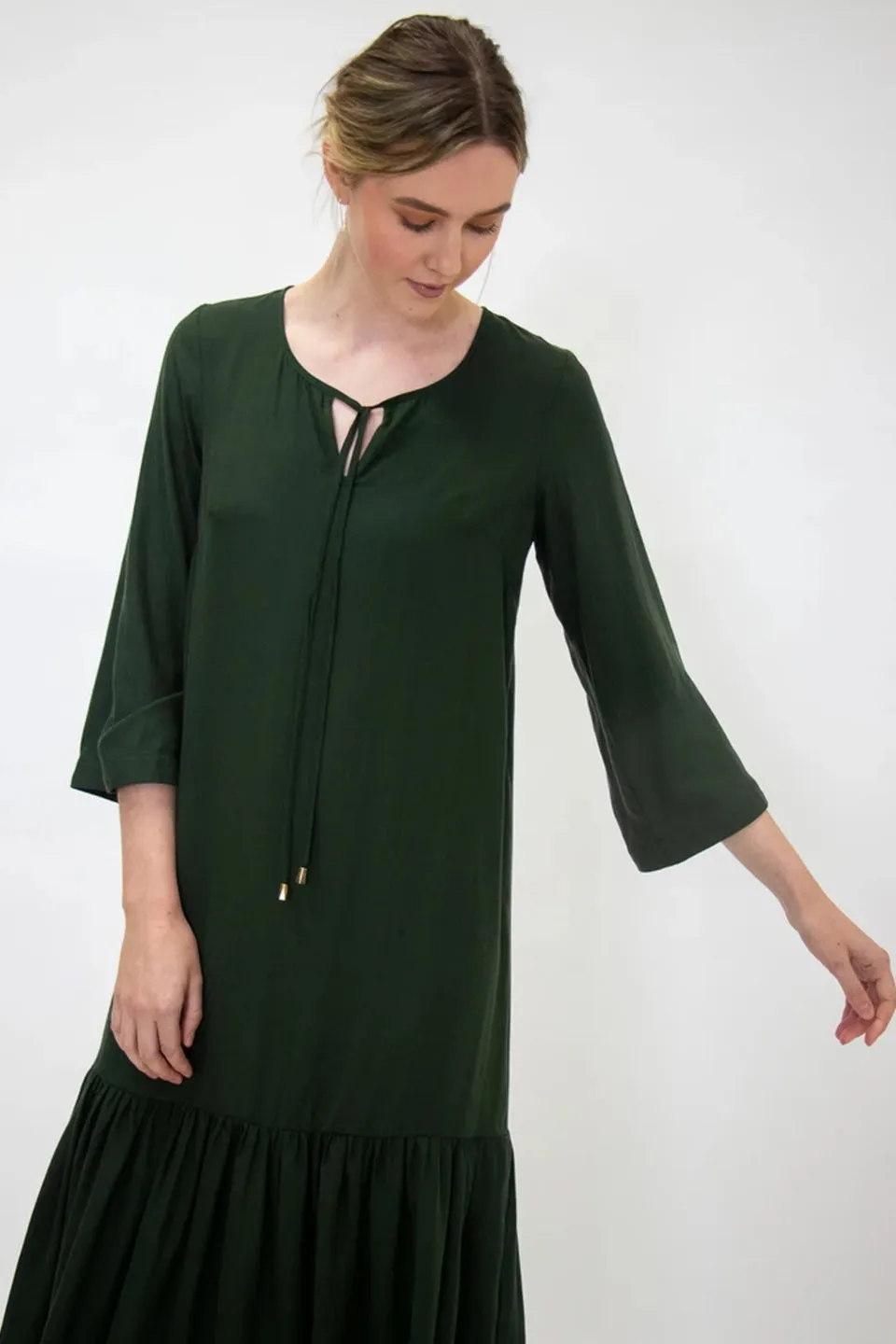 Emily LS Tiered Tencel Khaki Midi Dress