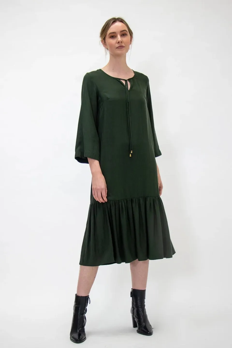 Emily LS Tiered Tencel Khaki Midi Dress