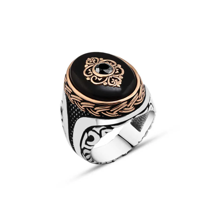 Eye Figure on Ellipse Black Onyx Stone Silver Men's Ring with Braid Style Around