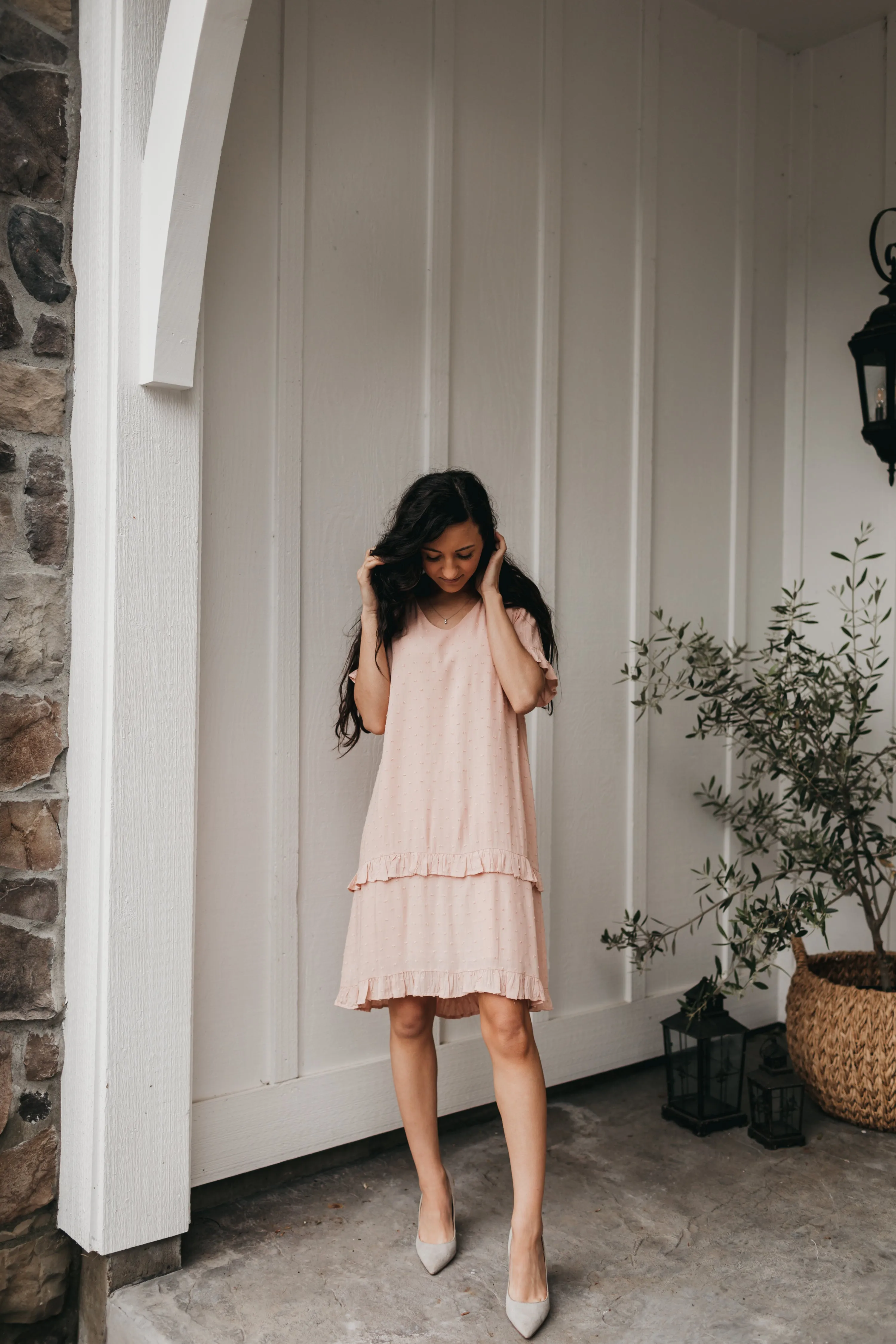 Kaylee Swiss Dot Flare Dress in Peach