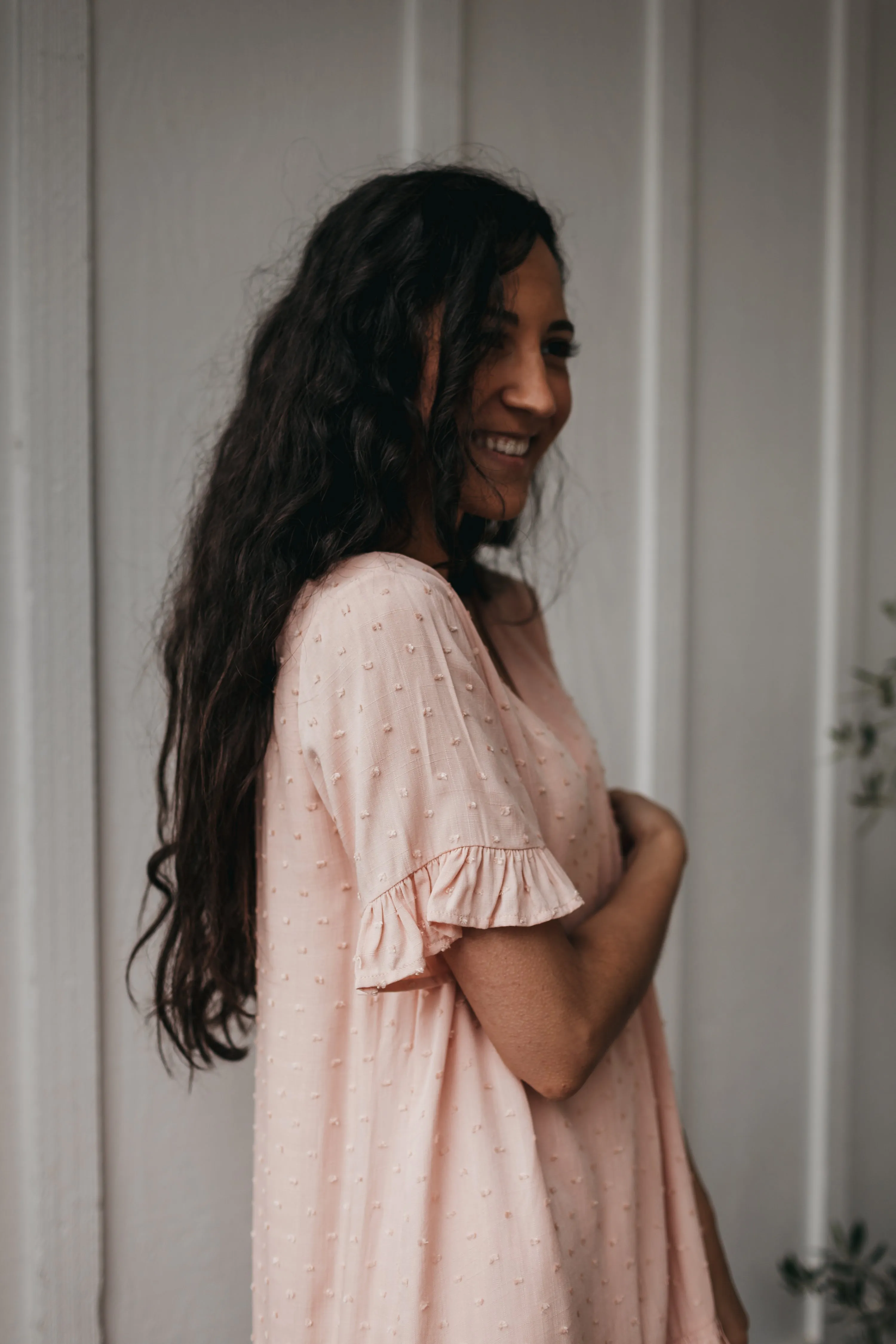 Kaylee Swiss Dot Flare Dress in Peach