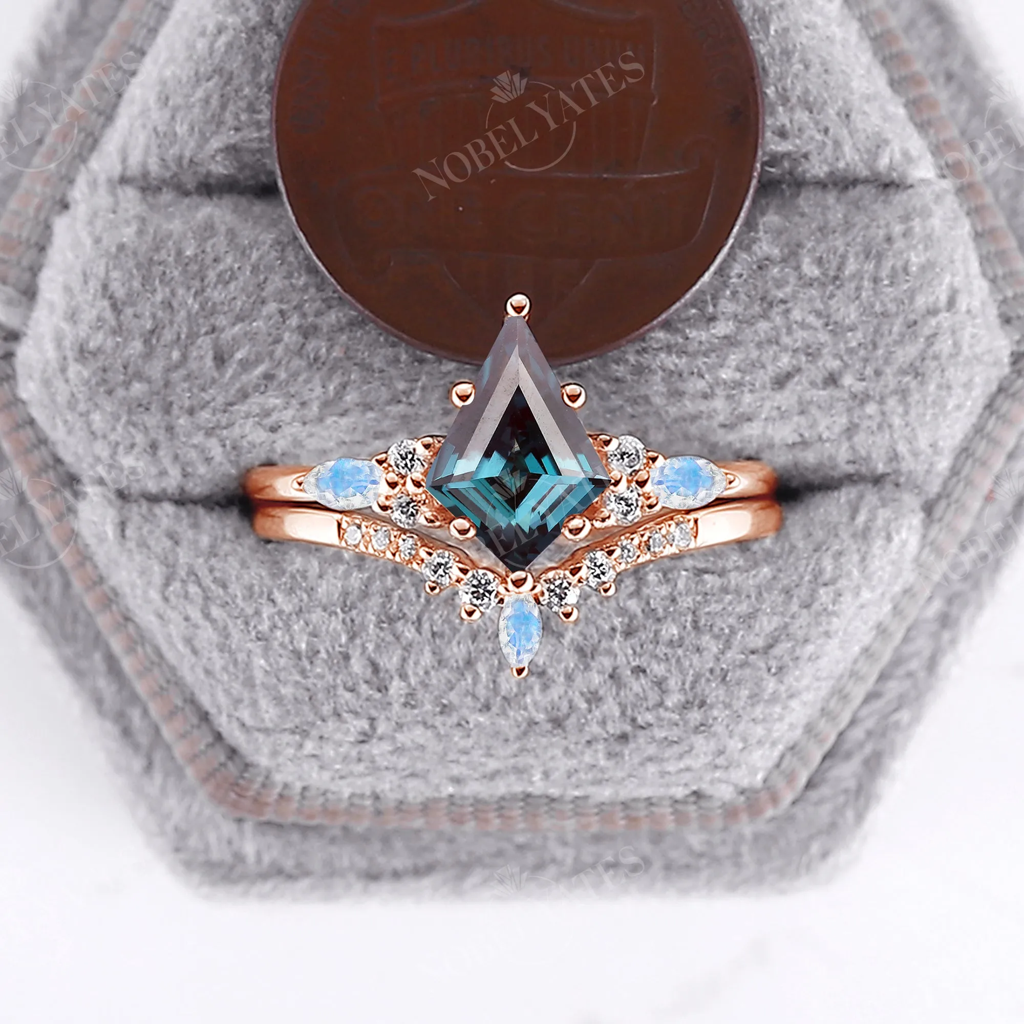 Lab Alexandrite & Moonstone Vintage Cluster Engagement Ring Set Rose Gold