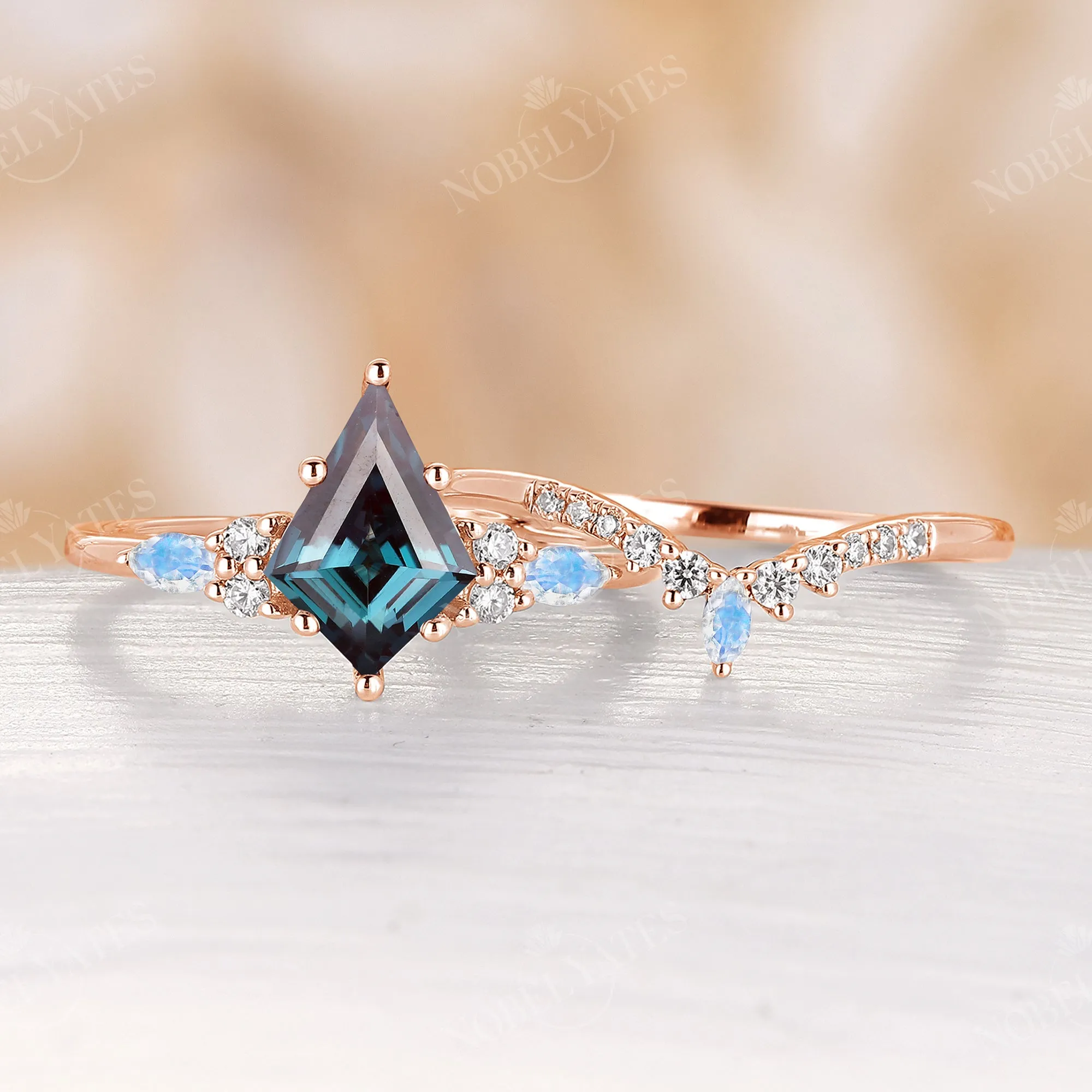 Lab Alexandrite & Moonstone Vintage Cluster Engagement Ring Set Rose Gold