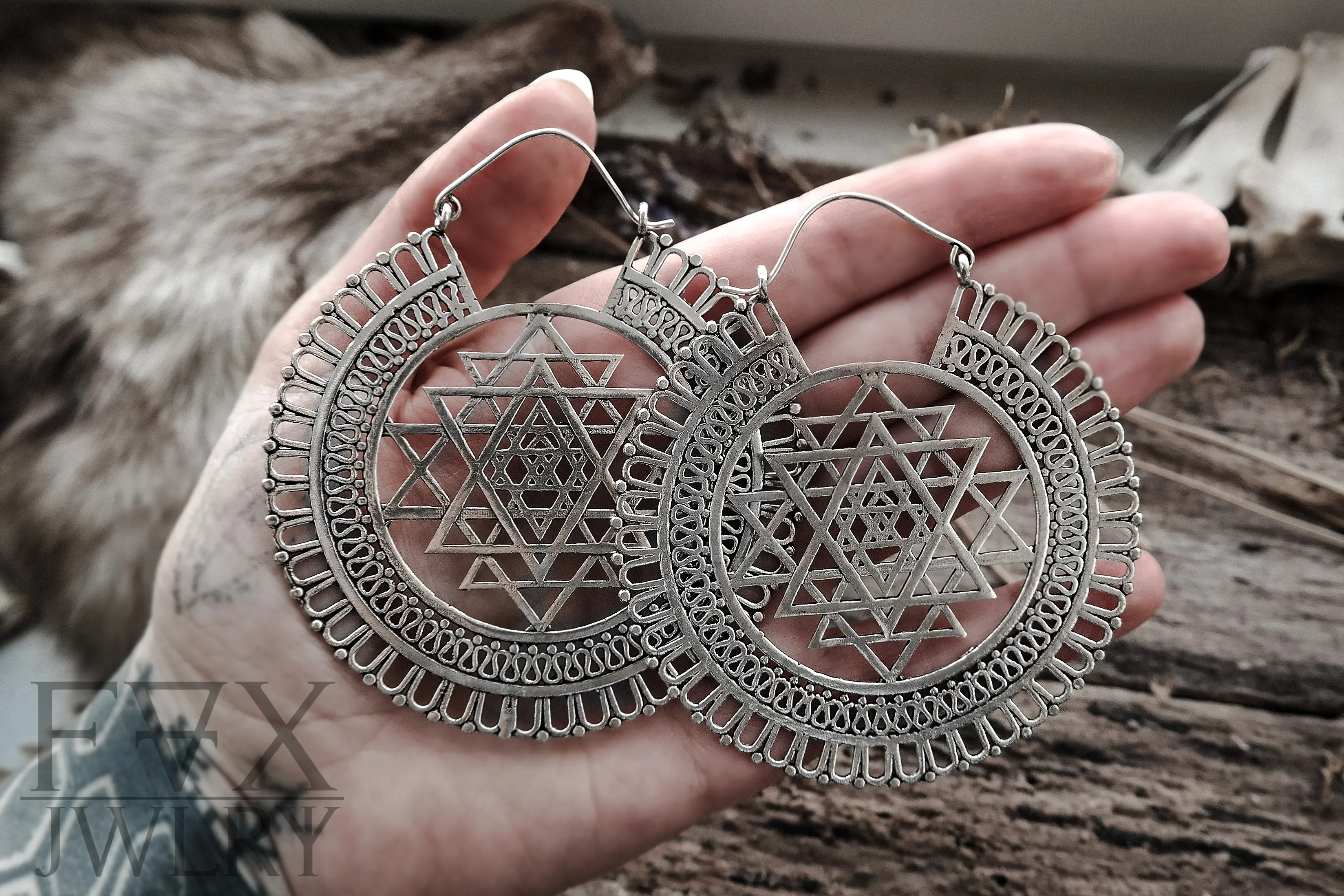 Large Silver Sri Yantra Hoops