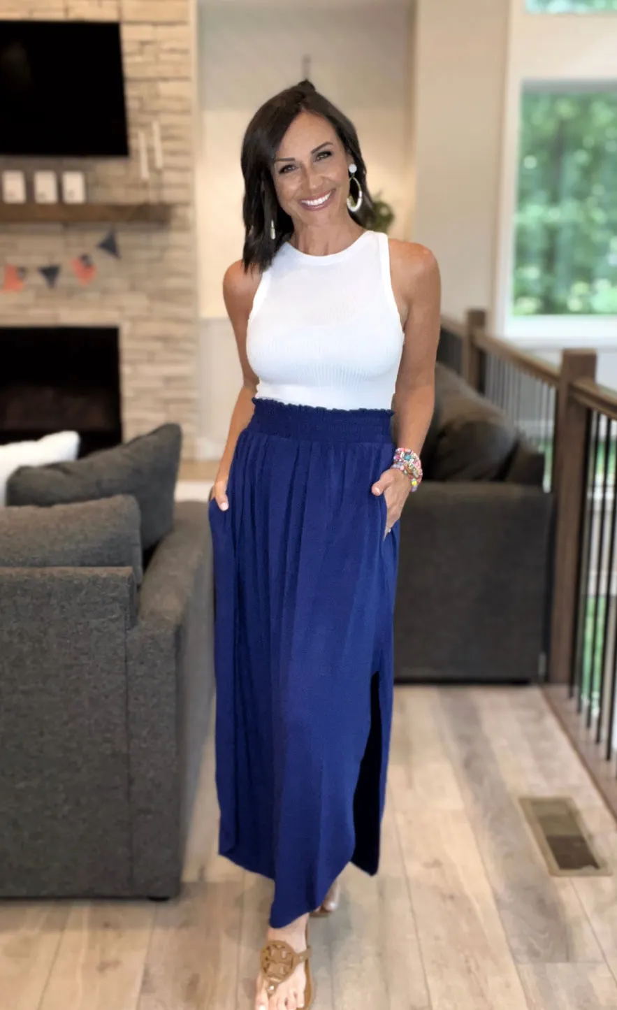 LIGHT NAVY SMOCKED WAIST SIDE SLIT MAXI SKIRT