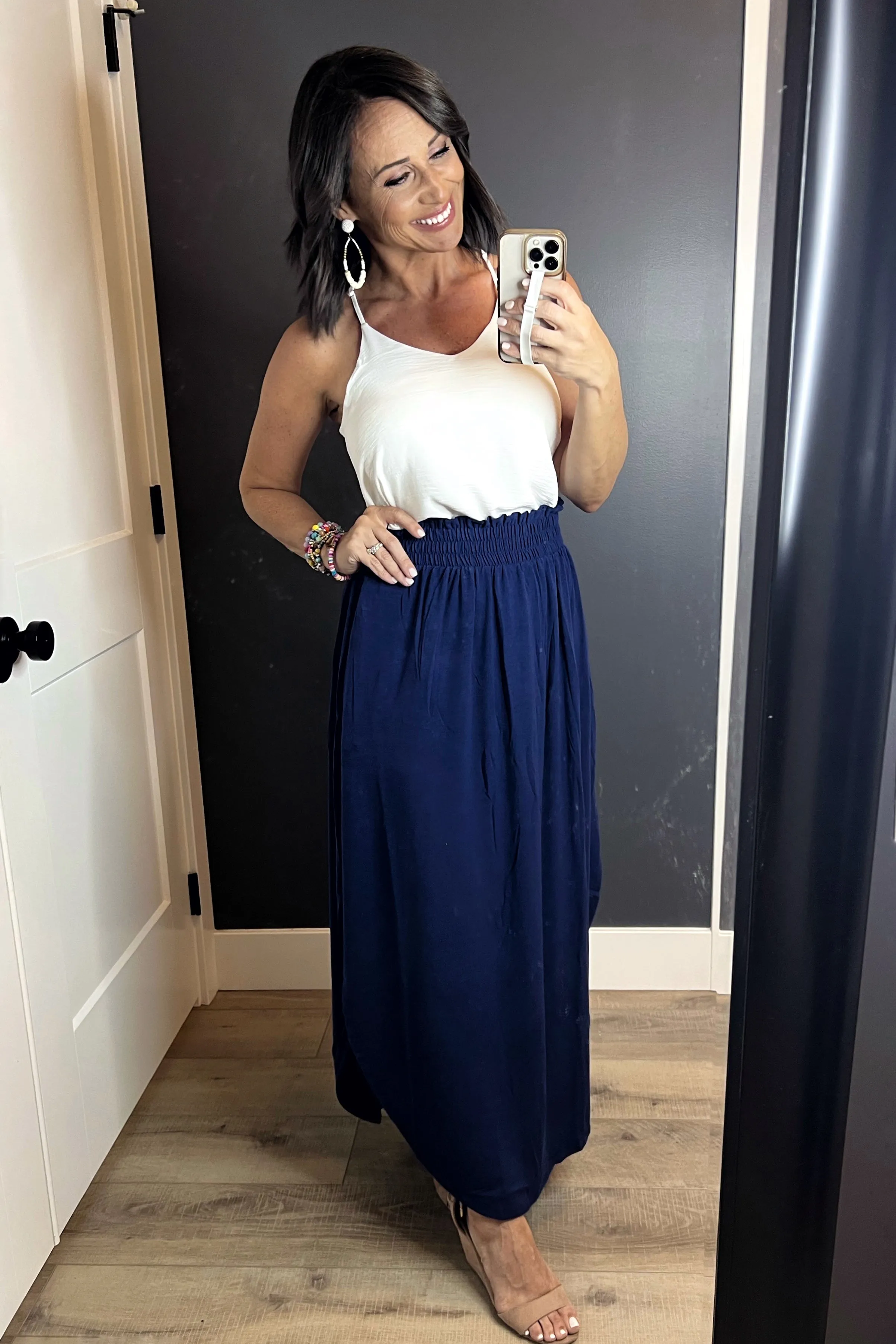 LIGHT NAVY SMOCKED WAIST SIDE SLIT MAXI SKIRT