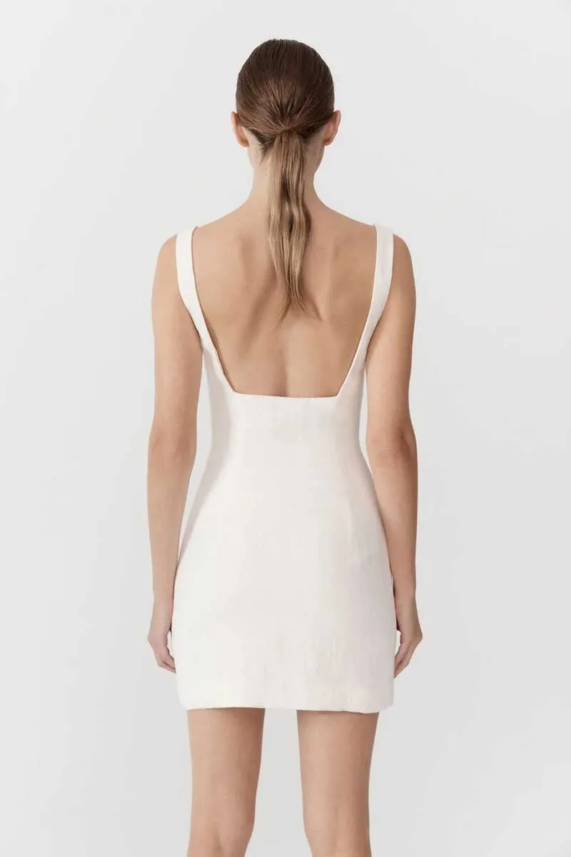 LINEN SQUARE NECK MINI DRESS-IVORY