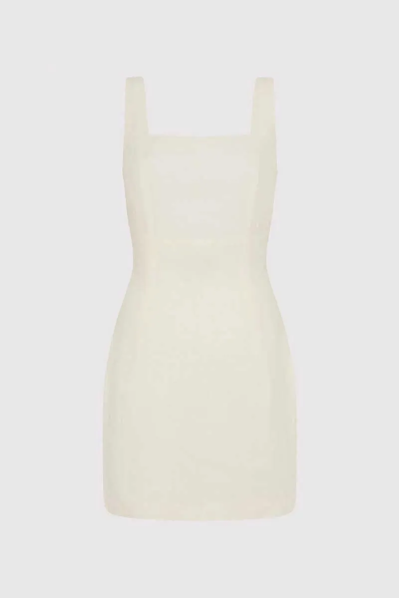 LINEN SQUARE NECK MINI DRESS-IVORY