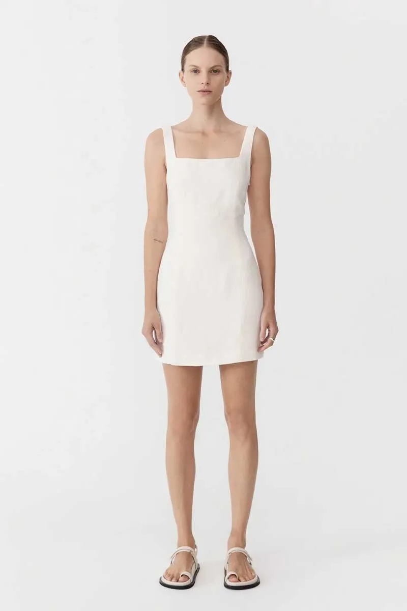 LINEN SQUARE NECK MINI DRESS-IVORY