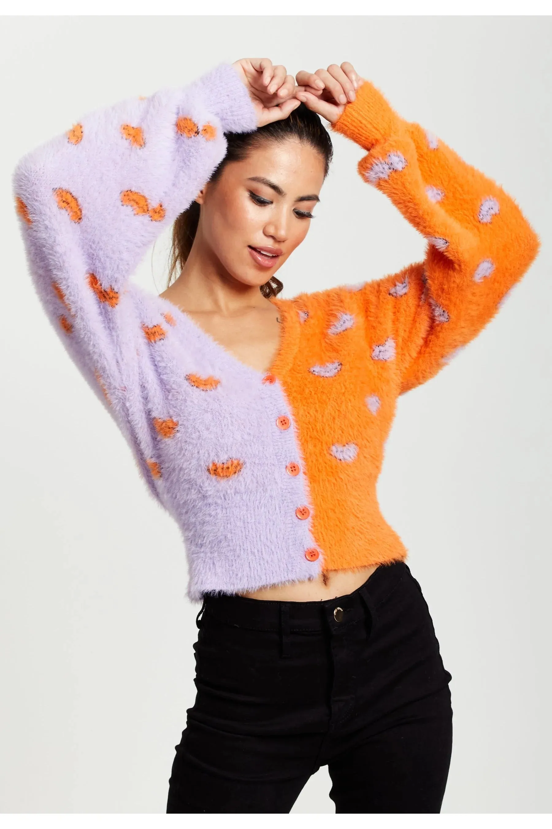 Liquorish Lip Pattern Fluffy Cardigan In Lilac And Orange