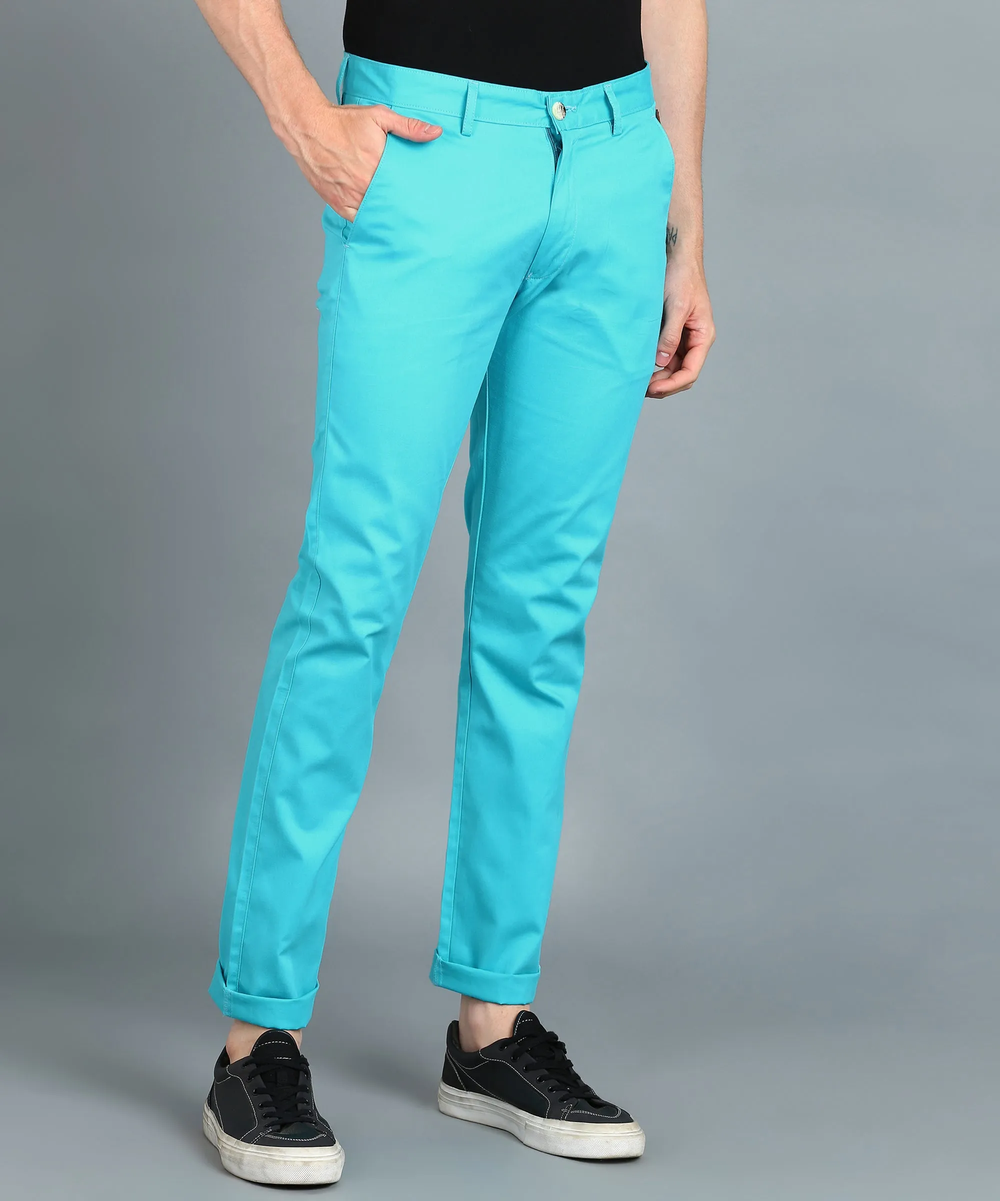 Men's Blue Cotton Light Weight Non-Stretch Slim Fit Casual Trousers