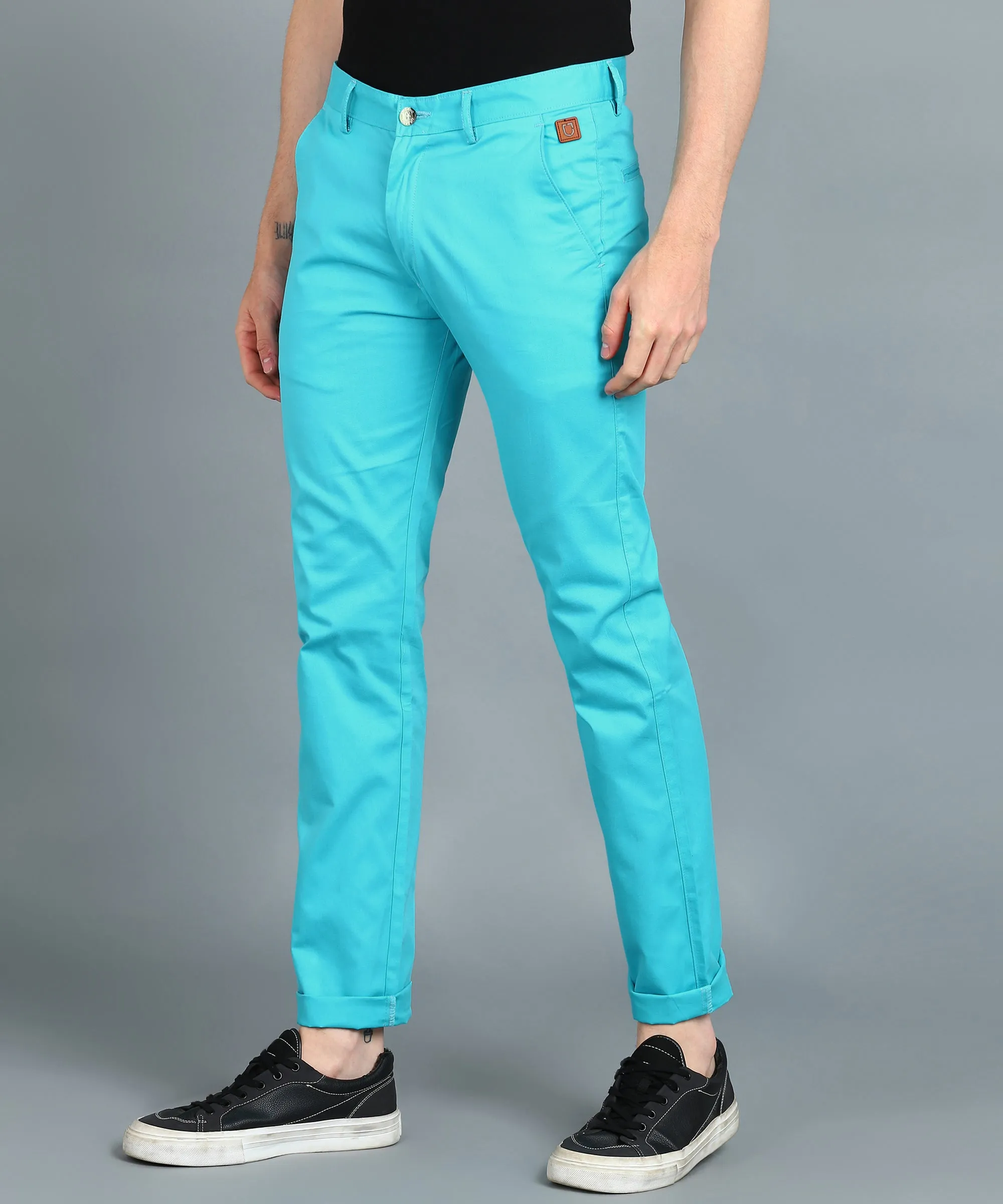 Men's Blue Cotton Light Weight Non-Stretch Slim Fit Casual Trousers