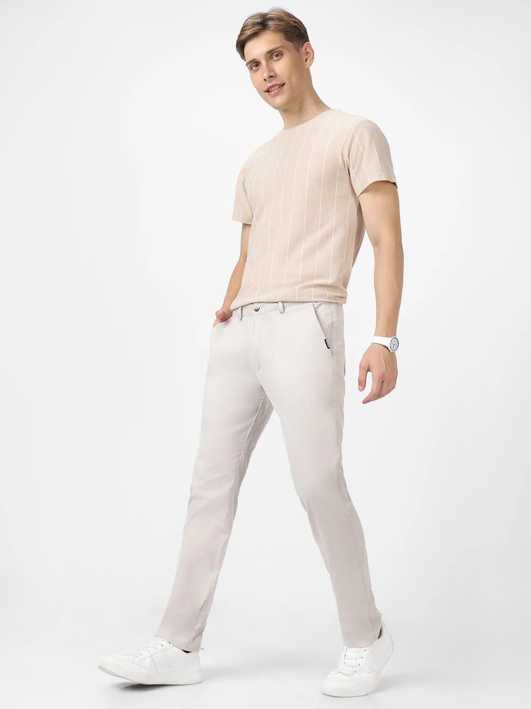 Men's Grey Cotton Light Weight Non-Stretch Slim Fit Casual Trousers