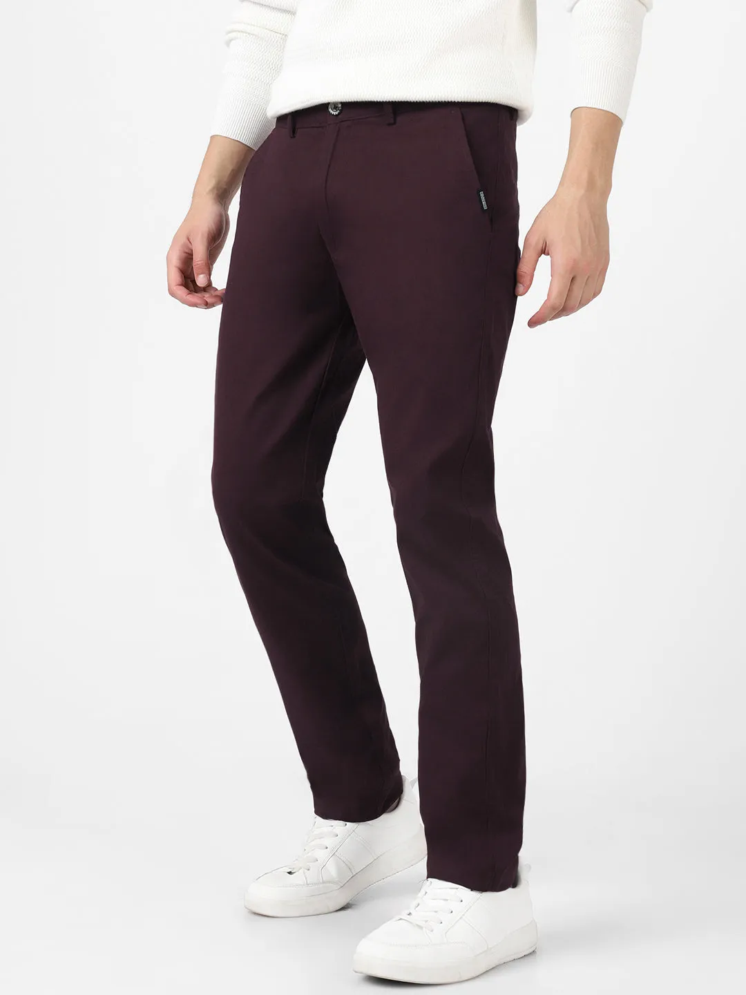 Men's Maroon Cotton Light Weight Non-Stretch Slim Fit Casual Trousers