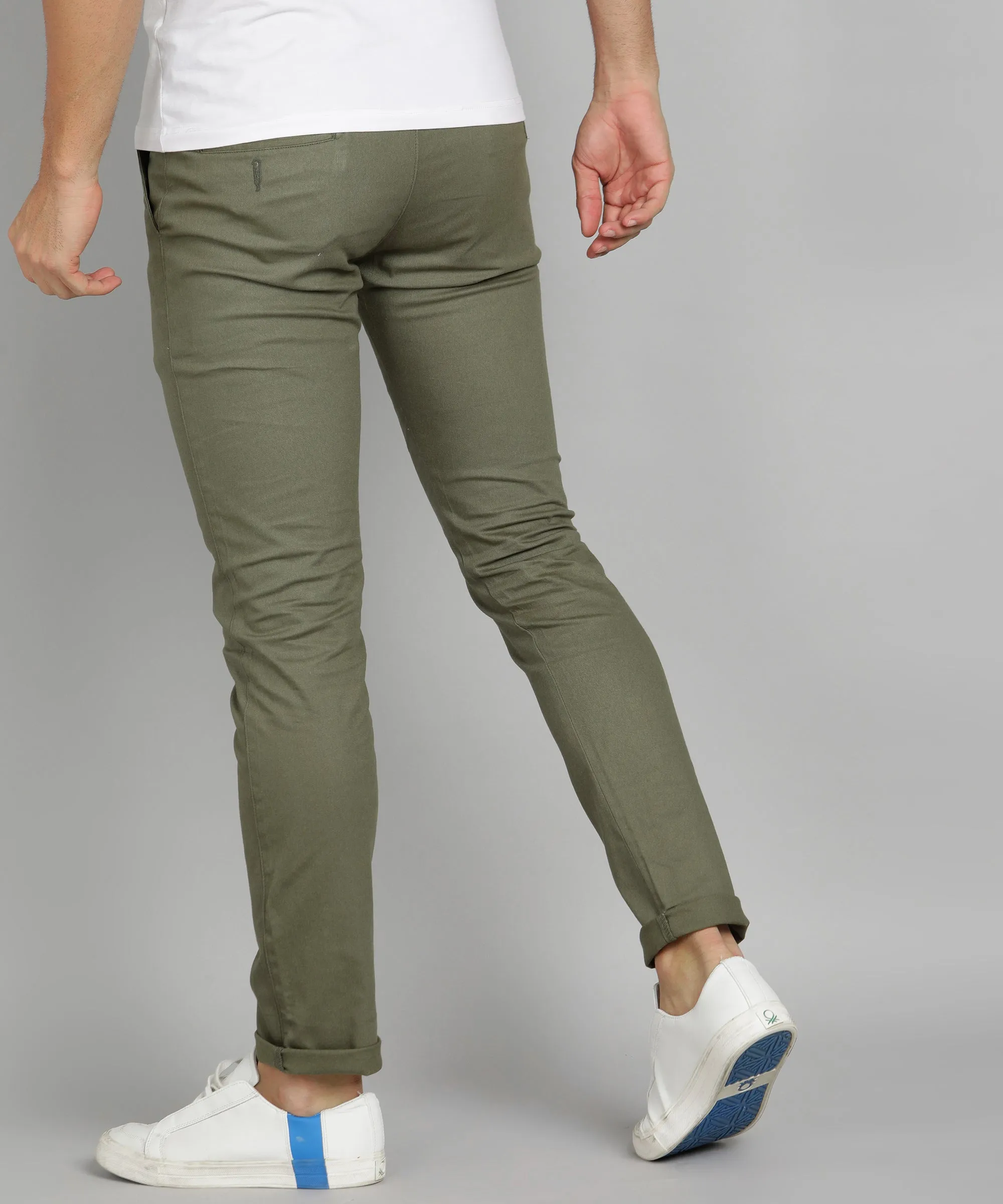 Men's Olive Green Cotton Slim Fit Casual Chinos Trousers Stretch