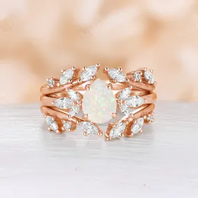 Pear White Opal Vintage Cluster Engagement Ring Set Rose Gold