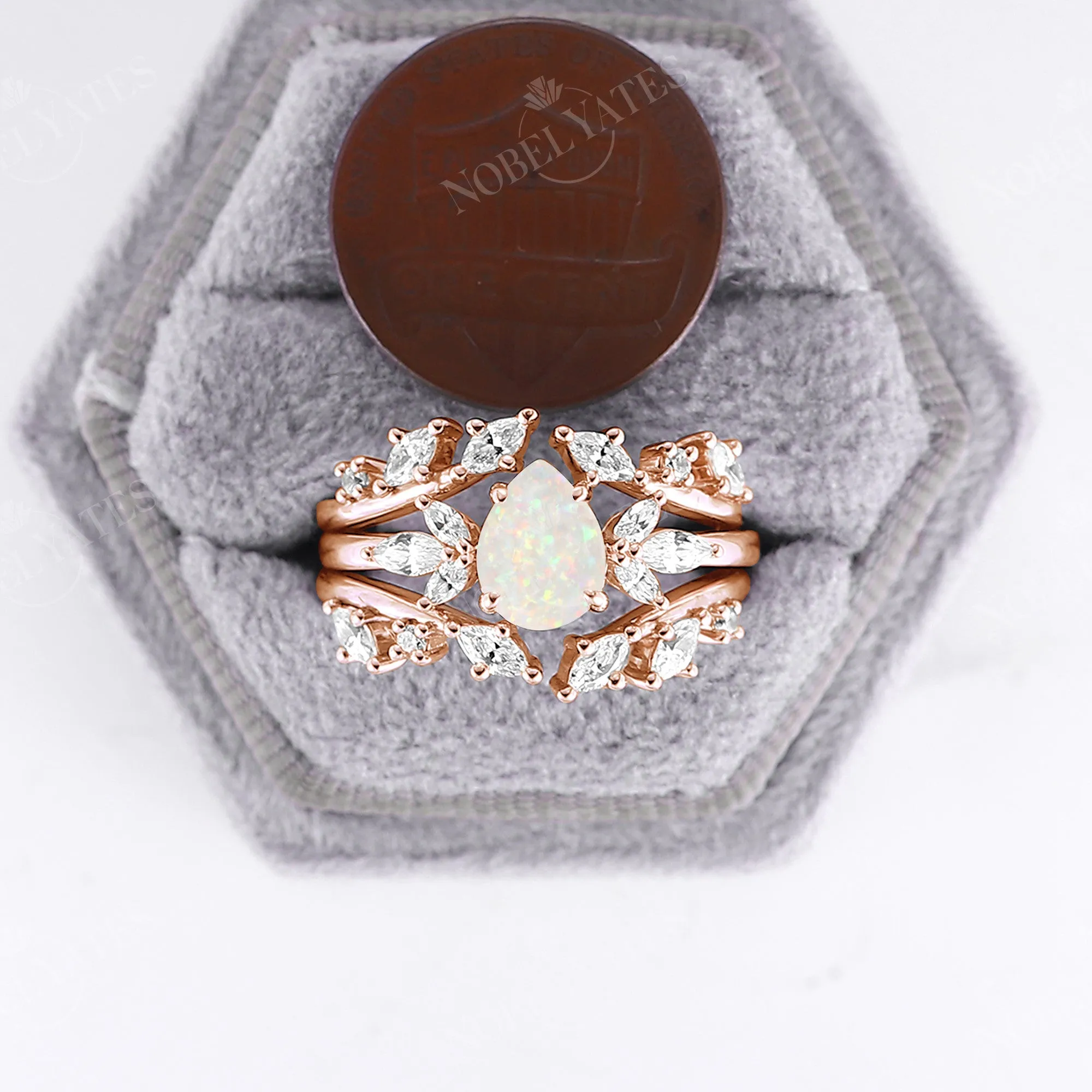 Pear White Opal Vintage Cluster Engagement Ring Set Rose Gold