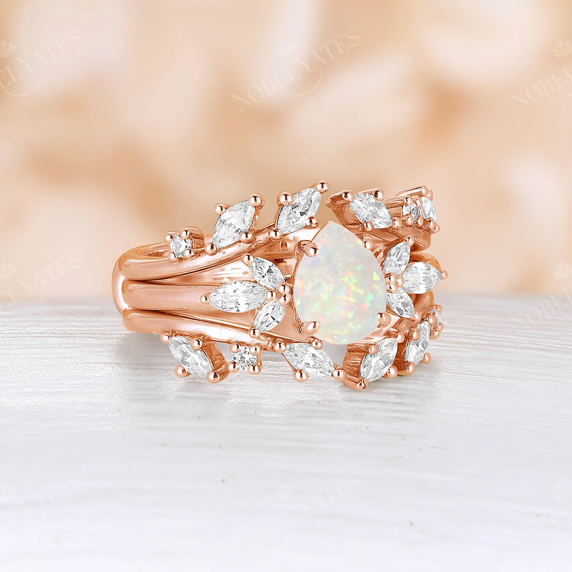 Pear White Opal Vintage Cluster Engagement Ring Set Rose Gold