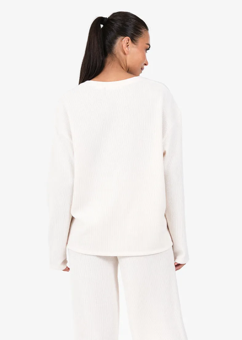 Rib Knit Lounge V-Neck LS Top Oatmeal