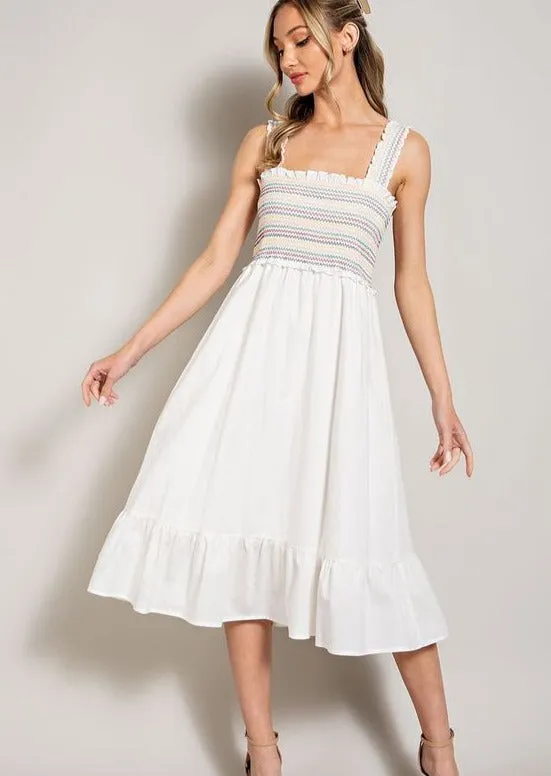 White Smocked Midi Dress