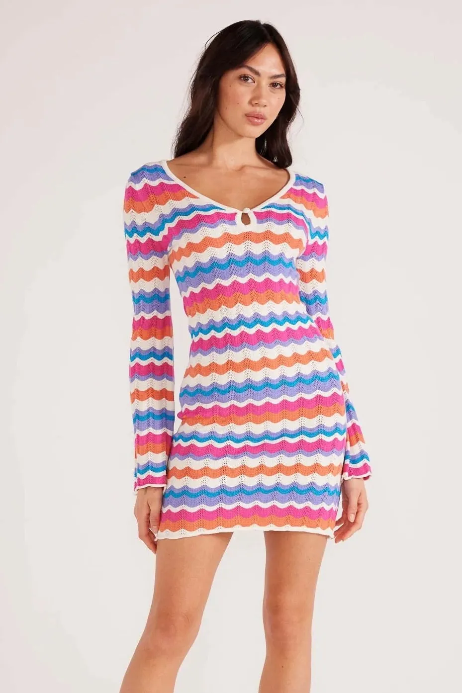 Wilma Coral Stripe Pointelle Knit Dress