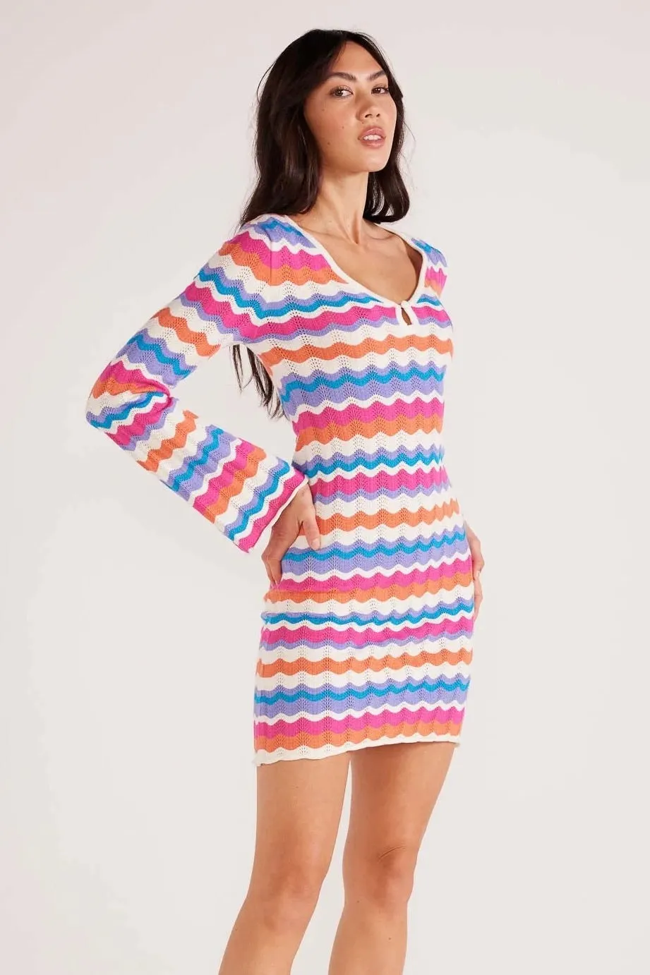 Wilma Coral Stripe Pointelle Knit Dress